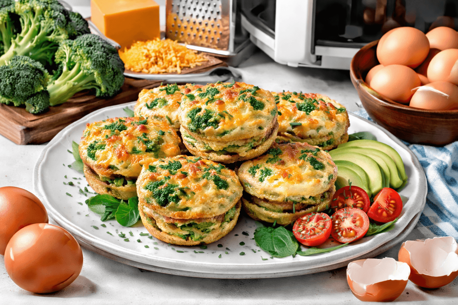 Air-fryer broccoli cheddar egg muffins on a plate.