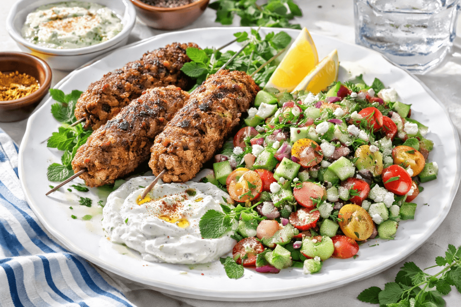 Air-fryer chicken kofta with cucumber salad on a plate.