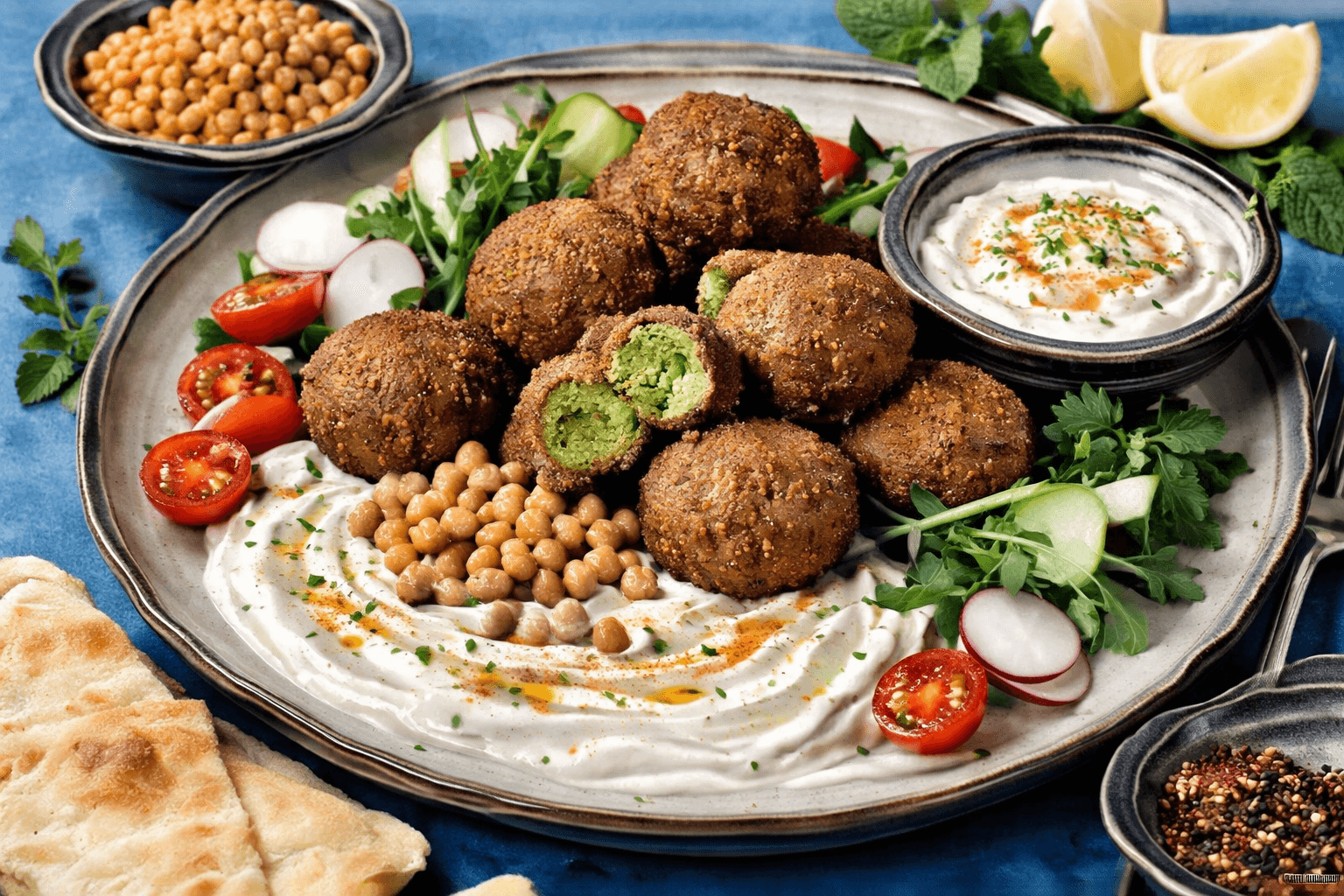 Air-fryer falafel with tahini yogurt on a plate.