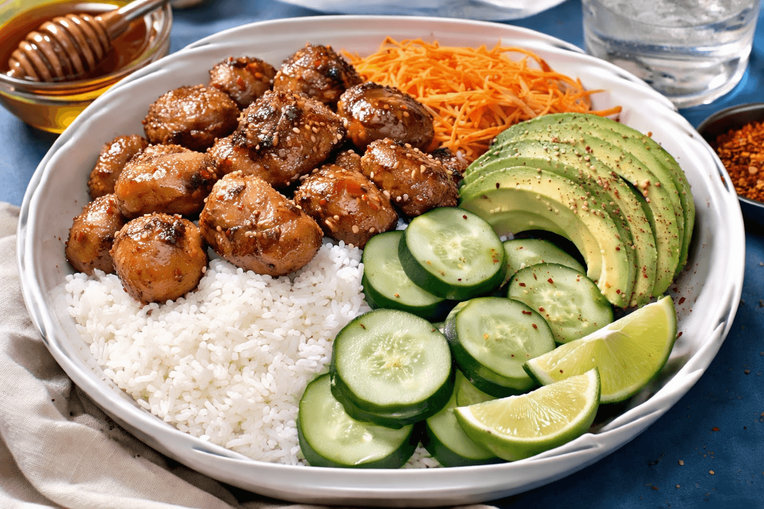Air-fryer hot honey chicken bowl with rice, cucumber, avocado, and carrots.