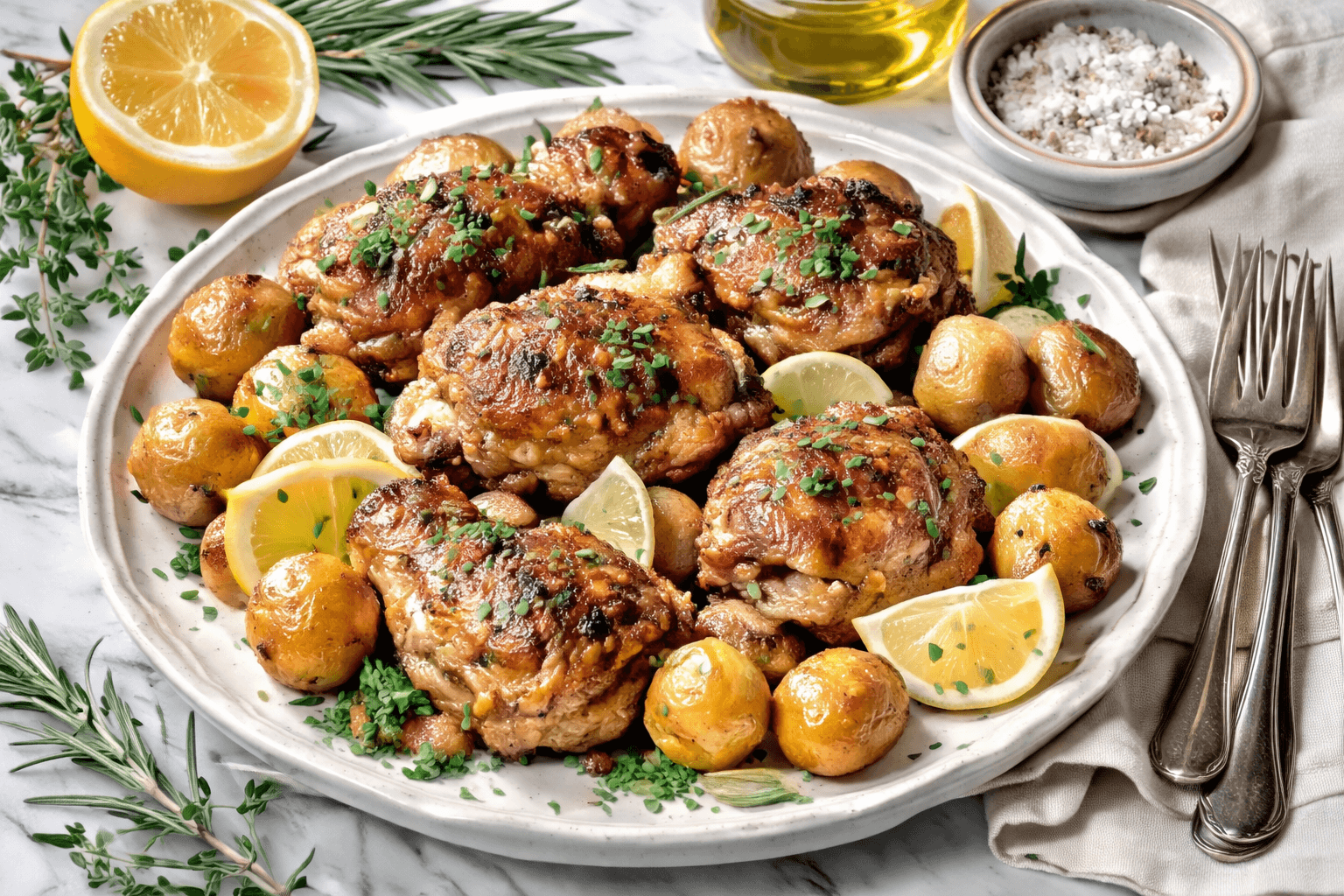 Air-fryer lemon chicken thighs with baby potatoes on a plate.