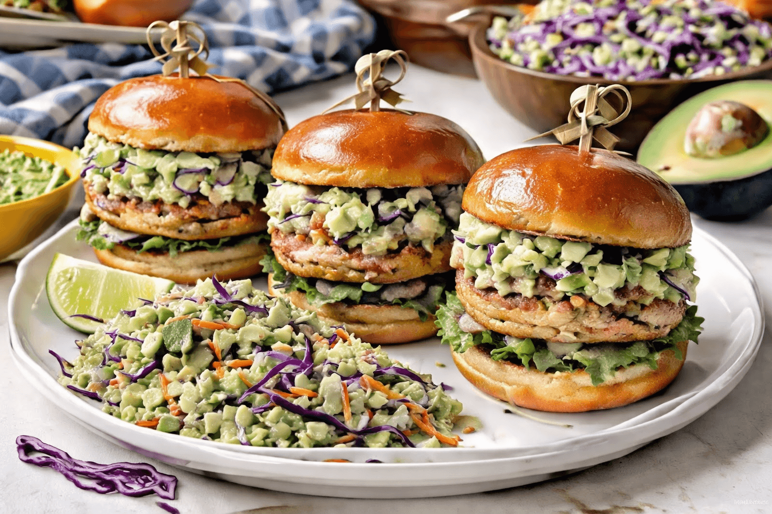 Air-fryer mini turkey burgers with avocado slaw on a plate.
