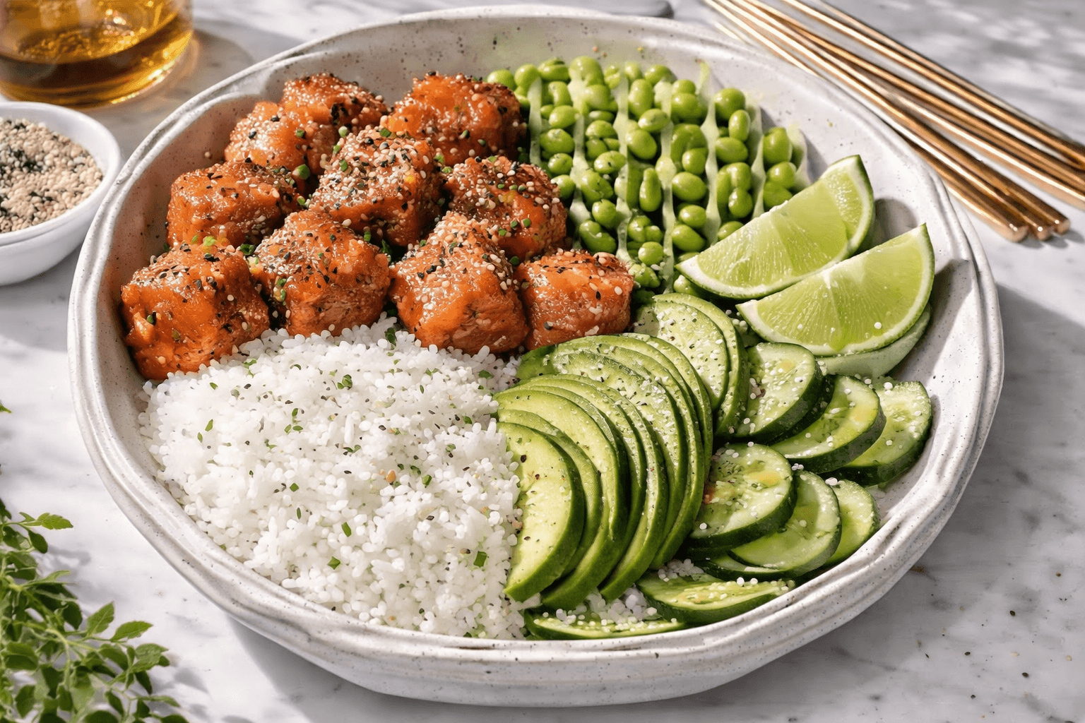 Stylized bowl of air-fryer salmon bites with rice, edamame, cucumber, avocado, and lime.