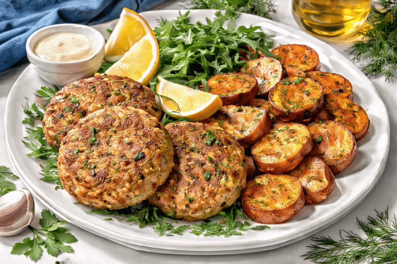 Air-fryer salmon patties with sweet potato coins on a plate.