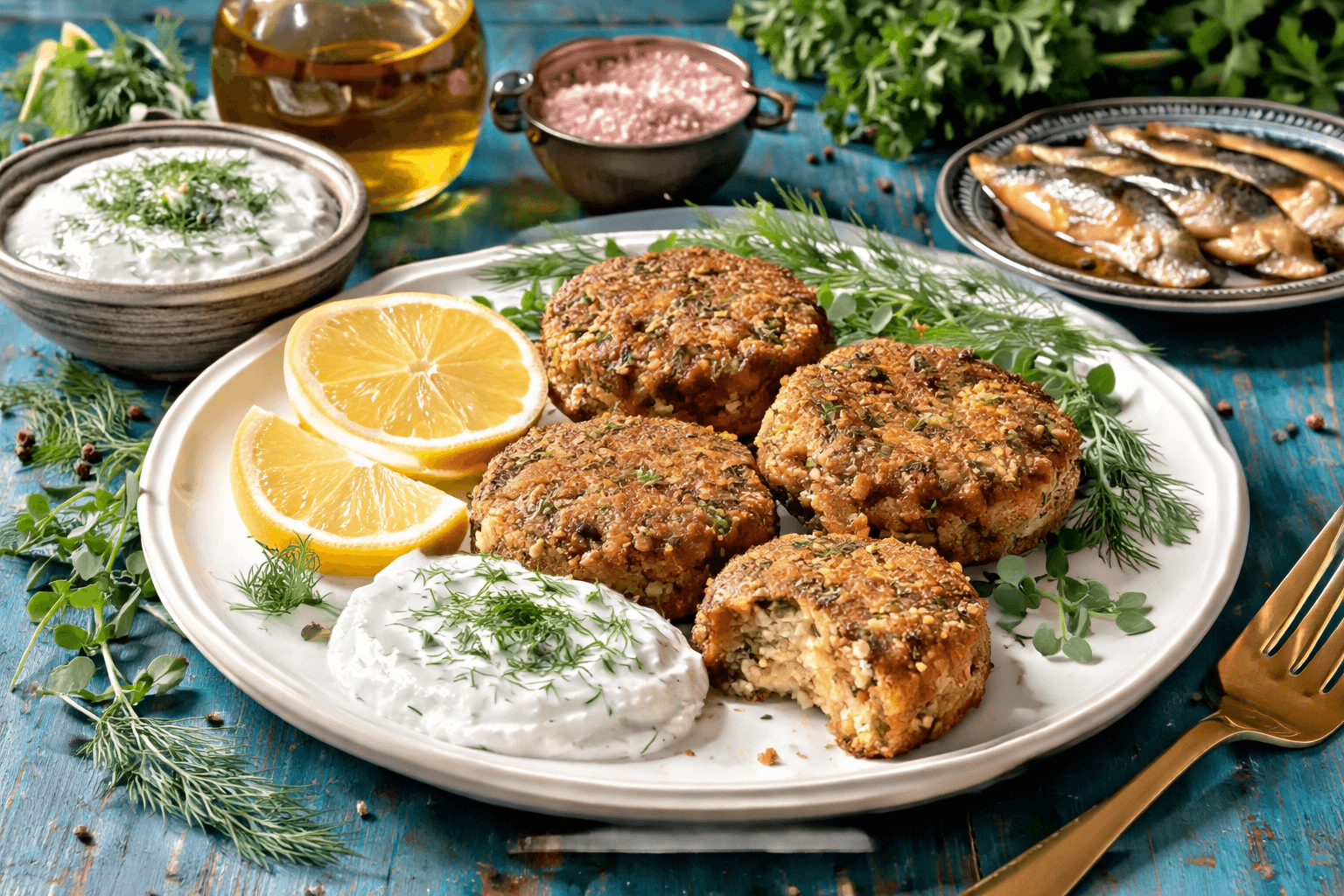 Air-fryer sardine cakes with dill yogurt on a plate.
