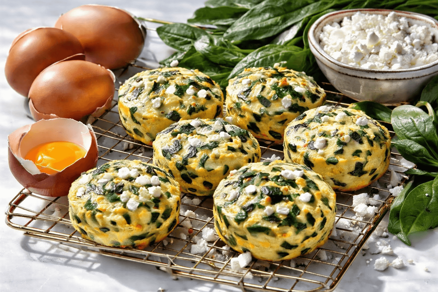 Air-fryer spinach feta egg bites on a light plate.