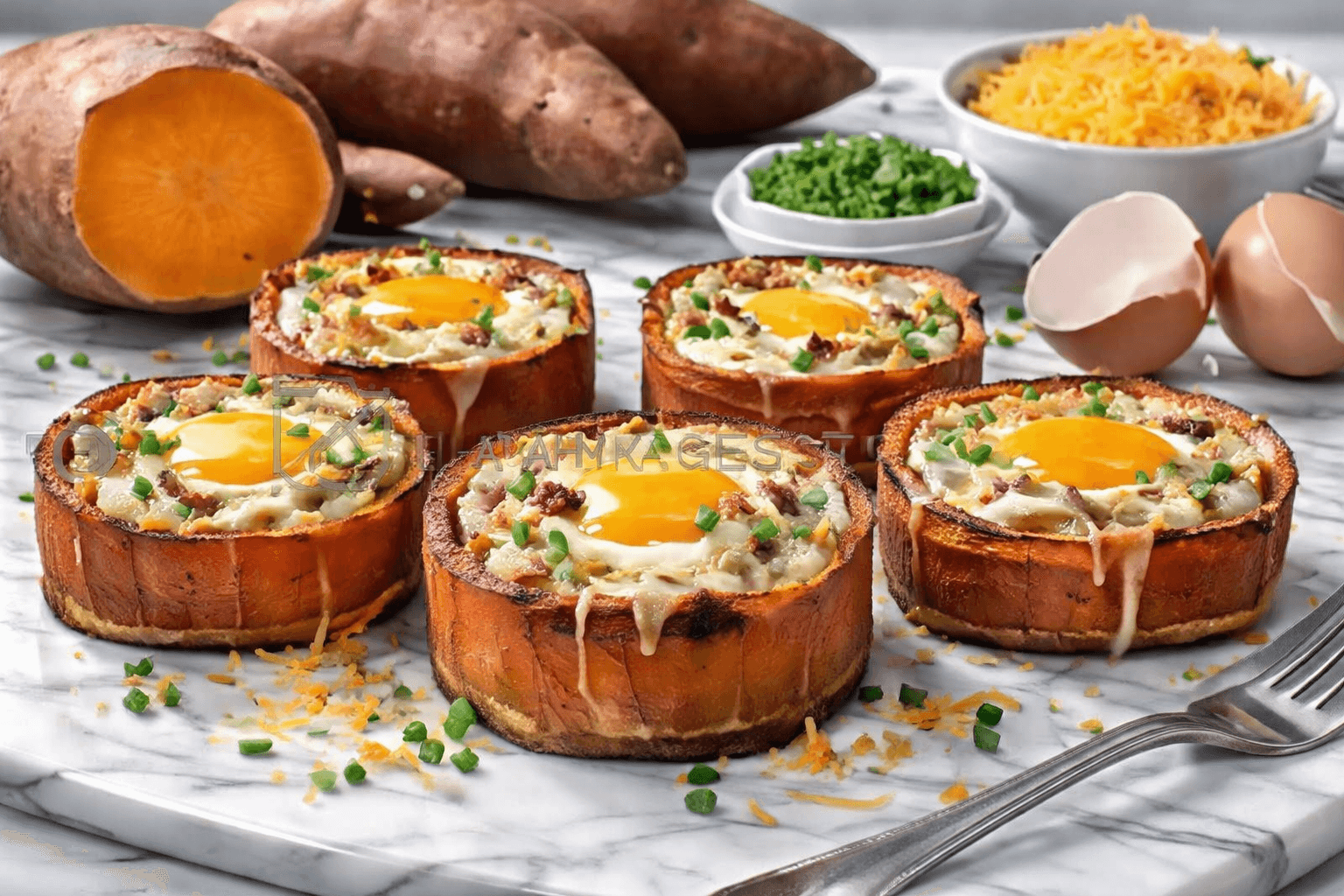 Air-fryer sweet potato egg cups on a light plate.