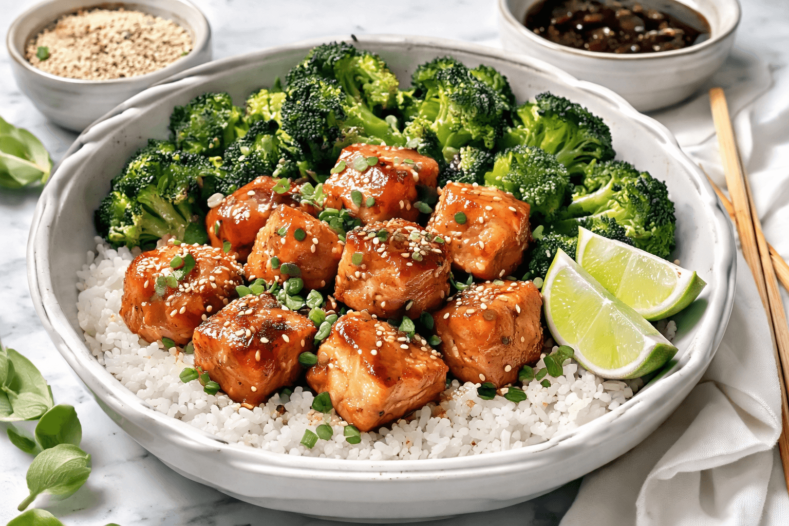 Air-fryer teriyaki salmon bites with broccoli and rice in a bowl.